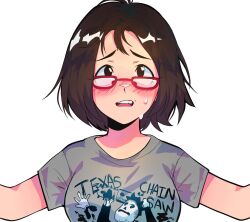 Rule 34 | 1girl, breasts, brown eyes, brown hair, commentary, english commentary, glasses, grey shirt, highres, large breasts, medium hair, ookumo-chan flashback, open mouth, outstretched arms, red-framed eyewear, shirt, solo, suzuki oya, sweat, t-shirt, upper body, vmifishi