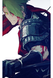 Rule 34 | 1boy, achilles (fate), arm armor, armor, blood, blood on face, blood on clothes, breastplate, closed mouth, detached sleeves, fate/apocrypha, fate/grand order, fate (series), fighting stance, gradient hair, green hair, hair over one eye, holding, holding lance, holding polearm, holding weapon, lance, looking at viewer, male focus, manly, multicolored hair, one eye covered, polearm, red sash, sash, sei 8220, shoulder pads, signature, simple background, solo, upper body, weapon, white background, yellow eyes