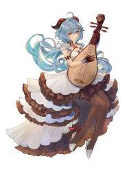 Rule 34 | 1girl, ahoge, bare shoulders, black gloves, black pantyhose, blue hair, blush, ganyu (genshin impact), genshin impact, gloves, goat horns, hair between eyes, high heels, highres, holding, holding instrument, horns, instrument, long hair, looking at viewer, music, official alternate costume, open mouth, pantyhose, playing instrument, purple eyes, sidelocks, smile, solo, tgf pic