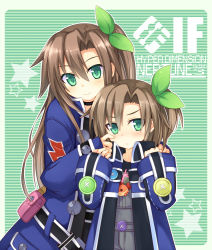 Rule 34 | 10s, 2girls, :3, aged down, blush, brown hair, buttons, character name, child, choker, coat, copyright name, dual persona, female focus, frown, fuji kakei, green background, green eyes, hair between eyes, hair ribbon, hand on another&#039;s shoulder, if (neptunia), jacket, kami jigen game neptune v, long hair, looking at viewer, multiple girls, neptune (series), open clothes, open jacket, outline, ribbon, short hair, side ponytail, sleeves past wrists, smile, star (symbol), time paradox