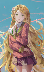 Rule 34 | 1girl, absurdres, bad id, bad twitter id, blonde hair, blue background, breasts, collared shirt, flower, green eyes, hair flower, hair ornament, highres, jenmin12, long hair, long sleeves, looking at viewer, open mouth, pink shirt, purple skirt, rapunzel (disney), shirt, skirt, smile, solo, very long hair