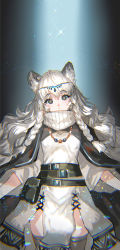 Rule 34 | 1girl, animal ear fluff, animal ears, arknights, bead necklace, beads, belt, belt pouch, black background, black belt, black cape, blue background, braid, cape, chromatic aberration, commentary request, cowboy shot, dress, gradient background, grey eyes, grey thighhighs, hair between eyes, head chain, head tilt, highres, jewelry, leopard ears, leopard girl, light, light particles, long hair, looking at viewer, necklace, parted lips, pouch, pramanix (arknights), ran&#039;ou (tamago no kimi), side braids, sidelocks, silver hair, solo, sparkle, standing, thighhighs, turtleneck, turtleneck dress, white dress, wide sleeves