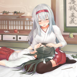 Rule 34 | 10s, 2girls, :d, absurdres, bed, bed sheet, black legwear, black ribbon, blush, breasts, chest of drawers, closed mouth, drawer, closed eyes, flower, full body, futon, green hair, hair between eyes, hairband, hakama, hakama short skirt, hakama skirt, headband, highres, hip vent, japanese clothes, kantai collection, kimono, lap pillow, large breasts, long hair, long sleeves, mimikaki, miniature, morutaru, multiple girls, on bed, on lap, open mouth, origami, paper crane, pleated skirt, red skirt, ribbon, room, saucer, scroll, shelf, shirt, shoukaku (kancolle), silver hair, sitting, skirt, sleeping, smile, swimsuit, thighhighs, tissue, tissue box, toy airplane, twintails, upper body, wariza, white shirt, zettai ryouiki, zuikaku (kancolle), zzz