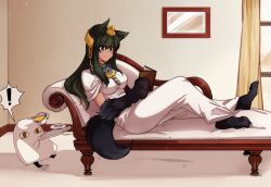 Rule 34 | !, 1girl, 1other, absurdres, animal ears, anubis (monster girl encyclopedia), ayanobro, blush, body fur, book, breasts, closed mouth, dark green hair, egyptian clothes, green eyes, hair ornament, highres, holding, holding book, holding tray, indoors, jackal ears, jackal tail, long hair, lying, monster girl, monster girl encyclopedia, reading, second-party source, sidelocks, smile, snake hair ornament, solo, spoken exclamation mark, tray, usekh collar