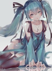 Rule 34 | 1girl, absurdres, alpakakkax2, black ribbon, black thighhighs, blue dress, blue eyes, blue hair, closed mouth, clothing cutout, collarbone, dress, hair between eyes, hair ribbon, hatsune miku, highres, jewelry, long hair, looking at viewer, necklace, ribbon, shiny clothes, shiny legwear, short dress, shoulder cutout, side slit, solo, thighhighs, twintails, very long hair, vocaloid