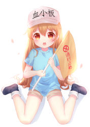 Rule 34 | 10s, 1girl, absurdres, blonde hair, blue shirt, child, commentary request, flag, flat cap, full body, hair between eyes, hat, hataraku saibou, headwear writing, heart, heart-shaped pupils, highres, holding, holding flag, long hair, looking at viewer, molianmengdada, open mouth, platelet (hataraku saibou), shirt, short sleeves, shorts, simple background, sitting, solo, symbol-shaped pupils, teeth, triangle mouth, upper teeth only, very long hair, wariza, white background, white hat, yellow eyes