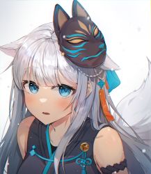 Rule 34 | 1girl, absurdres, animal ears, bare shoulders, blue eyes, blush, character request, commentary, copyright request, english commentary, extra ears, hair ornament, highres, long hair, looking at viewer, luzzi (milllim), mask, mask on head, open clothes, silver hair, solo, tail, tassel, tassel hair ornament, white background