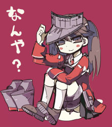 Rule 34 | 10s, 1girl, :3, bad id, bad pixiv id, blush, brown eyes, brown hair, kantai collection, kneehighs, personification, pleated skirt, red background, ryuujou (kancolle), skirt, socks, solo, terada tera, translated, twintails, visor cap