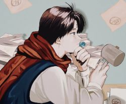 Rule 34 | 1boy, brown eyes, brown hair, cup, from side, holding, holding cup, koenma, long sleeves, male focus, miko hxh, aged up, pacifier, paper, paperwork, profile, scarf, solo, yuu yuu hakusho