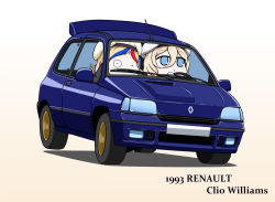 Rule 34 | 2girls, beret, blonde hair, blue eyes, car, commandant teste (kancolle), commentary request, driving, hair between eyes, hat, highres, kantai collection, long hair, mole, mole under eye, motor vehicle, multicolored hair, multiple girls, renault, renault clio, richelieu (kancolle), simple background, streaked hair, vehicle focus, white background, white headwear, yakuto007