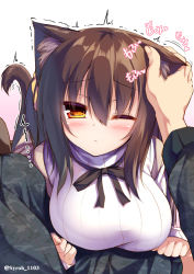 Rule 34 | 1girl, :&lt;, animal ears, blue eyes, blush, breasts, brown hair, cat ears, cat tail, headpat, large breasts, long hair, long sleeves, looking at viewer, mia flatpaddy, one eye closed, original, ribbed sweater, solo focus, sweater, syroh, tail, trembling, tsurime, turtleneck, twitter username, yellow eyes
