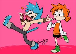 Rule 34 | &gt; &lt;, artist name, bad id, bad twitter id, black shorts, blue footwear, blue hair, cat tail, closed eyes, commentary request, darwin watterson, fangs, green footwear, gumball watterson, humanization, long sleeves, looking at another, looking at viewer, messy hair, one eye closed, orange hair, pants, pink background, sameyama jiro, shoes, shorts, signature, simple background, sleeves past wrists, sneakers, star (symbol), sweater vest, tail, the amazing world of gumball, toon (style), white legwear