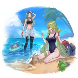 Rule 34 | 2girls, absurdres, beach, bird, breasts, cleavage, commission, commissioner upload, del (riftdevils), green eyes, green hair, hair over one eye, highres, kendra (riftdevils), kneeling, large breasts, long hair, medium breasts, multiple girls, net, nyaco33, one-piece swimsuit, original, palm tree, sand castle, sand sculpture, sky, standing, swimsuit, tree, very long hair, water