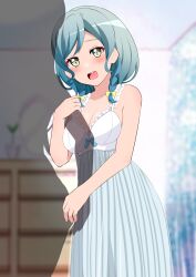 Rule 34 | 1girl, 1other, absurdres, aqua hair, arm grab, bang dream!, braid, commentary request, commission, highres, hikawa hina, indoors, kisaragi setsu (mssk8485), looking at viewer, medium hair, nightgown, open mouth, partial commentary, pixiv commission, side braids, sleepwear, smile, standing, twin braids, yellow eyes