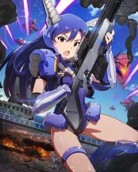 Rule 34 | &gt;:o, 10s, 1girl, :o, blue hair, brown eyes, fingerless gloves, gloves, gun, headgear, holding, idolmaster, idolmaster (classic), idolmaster million live!, kisaragi chihaya, long hair, looking at viewer, mecha musume, million live card, official art, open mouth, rifle, sniper rifle, solo, thighlet, v-shaped eyebrows, weapon