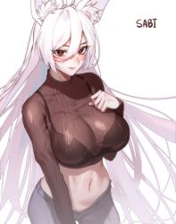 Rule 34 | 1girl, absurdres, alternate costume, animal ears, ara haan, ara haan (celestial fox), black bra, blue pants, blush, bra, bra visible through clothes, breasts, brown sweater, closed mouth, cowboy shot, cropped sweater, denim, elsword, eun (elsword), facial mark, fox ears, hair between eyes, hand on own chest, highres, jeans, large breasts, lips, long hair, looking at viewer, navel, open fly, pants, red eyes, ribbed sweater, sabi (ghke4333), simple background, smile, solo, standing, stomach, sweater, turtleneck, turtleneck sweater, underwear, very long hair, white background, white hair