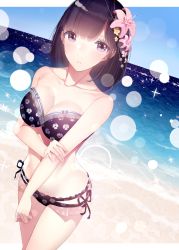 Rule 34 | 1girl, atha (leejuiping), bad id, bad pixiv id, bare shoulders, bikini, black hair, blush, breasts, cleavage, hair ornament, highres, long hair, looking at viewer, ocean, original, parted lips, purple eyes, solo, standing, swimsuit