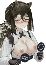 Rule 34 | 1girl, absurdres, animal ears, animal hands, arknights, black hair, blush, breasts, breasts out, cleavage, closed mouth, cloverse6, crossed bangs, hair between eyes, highres, holding, large breasts, looking at viewer, nipples, no bra, open clothes, open shirt, polka dot, polka dot shirt, ponytail, raccoon, raccoon ears, raccoon girl, robin (arknights), shirt, sidelocks, simple background, solo, upper body, white background, white shirt, yellow eyes