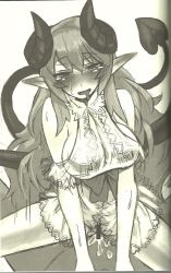 Rule 34 | 1girl, arm support, bare shoulders, blush, breasts, censored, clothed sex, demon girl, drooling, highres, horns, kenkou cross, long hair, looking at viewer, monochrome, monster girl, monster girl encyclopedia, pointy ears, pussy juice, saliva, sex, succubus (monster girl encyclopedia), sweat, tears, vaginal