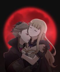 Rule 34 | ange (princess principal), arm cuffs, black cape, black gloves, blonde hair, brown hair, cape, closed eyes, gloves, hand on another&#039;s shoulder, highres, imminent bite, long hair, long sleeves, moon, princess (princess principal), princess principal, red eyes, red moon, short hair, vampire, xin (blueramen), yuri