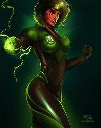 Rule 34 | 1girl, arkenstellar, artist name, black background, bodysuit, breasts, cleavage, clenched hands, colored skin, covered navel, cowboy shot, dark, dated, dc comics, emblem, facial mark, fighting stance, from side, glint, gloves, glowing, green eyes, green hair, green lantern, green lantern (series), highres, jewelry, large breasts, lips, looking at viewer, matching hair/eyes, outstretched arm, realistic, red skin, ring, signature, simple background, solo, soranik natu, source request, standing, superhero costume, teeth, thighs, twitter username