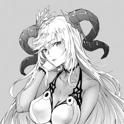 Rule 34 | 1girl, bodystocking, breasts, cleavage, covered collarbone, fire emblem, fire emblem heroes, freyja (fire emblem), goat horns, greyscale, hair ornament, horns, large breasts, long hair, looking at viewer, monochrome, nintendo, parted lips, solo, swept bangs, t misaomaru, turtleneck, upper body