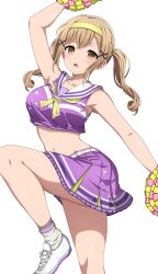 Rule 34 | 1girl, absurdres, bang dream!, belt, breasts, brown eyes, brown hair, cheerleader, collarbone, commentary, crop top, crossed bangs, hair ornament, hairband, highres, ichigaya arisa, large breasts, long hair, looking at viewer, midriff, navel, neckerchief, noshimurin, open mouth, pom pom (cheerleading), purple skirt, sailor collar, simple background, skirt, sleeveless, socks, solo, standing, standing on one leg, twintails, white background, white belt, white sailor collar, white socks, x hair ornament, yellow hairband, yellow neckerchief