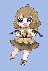Rule 34 | 1girl, :d, ahoge, black skirt, blue background, blue eyes, blush, boots, brown footwear, brown hair, brown jacket, brown skirt, chibi, commentary request, cross-laced footwear, full body, highres, idolmaster, idolmaster million live!, jacket, lace-up boots, looking at viewer, nozo (hitomiz), open mouth, pleated skirt, puffy short sleeves, puffy sleeves, short sleeves, simple background, skirt, smile, solo, suou momoko, sweatband, v-shaped eyebrows, wristband
