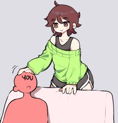 Rule 34 | 2boys, absurdres, black shorts, black tank top, blush, brown eyes, brown hair, couch, green sweater, headpat, highres, looking at another, meltyloo, multiple boys, open mouth, original, otomore (shashaki), short hair, short shorts, shorts, simple background, smile, sweater, tank top, white background
