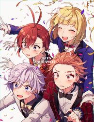 Rule 34 | 4boys, anger vein, antenna hair, black neckwear, blonde hair, blue eyes, blush, bow, bowtie, cater diamond, closed eyes, collared shirt, commentary request, confetti, epel felmier, flower, gloves, hair between eyes, highres, jacket, long sleeves, male focus, multiple boys, open mouth, parted lips, purple jacket, red hair, riddle rosehearts, rook hunt, rose, shirt, smile, tobari (brokenxxx), tongue, twisted wonderland, white gloves, white shirt