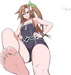 Rule 34 | 1girl, armpits, bare legs, bare shoulders, barefoot, belt buckle, brown hair, buckle, choujigen game neptune, feet, foot focus, green ribbon, hands on own hips, if (neptunia), neptune (series), one side up, ribbon, short shorts, shorts, simple background, sleeveless, soles, solo, sweatdrop, toes, up (mmmmmmmmss), white background, wristband