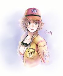 Rule 34 | 10s, 1girl, bad id, bad pixiv id, baseball cap, blonde hair, breasts, character name, cidney aurum, cleavage, dirty, dirty face, final fantasy, final fantasy xv, goggles, goggles around neck, green eyes, hat, jacket, parted lips, shiu (puregirl4122), short hair, smile, solo, typo