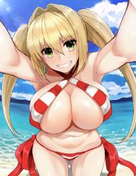 Rule 34 | 1girl, armpits, bad id, bad pixiv id, beach, bikini, blonde hair, blue sky, breasts, cleavage, cloud, cocq taichou, day, earrings, fate/grand order, fate (series), green eyes, grin, hair intakes, halterneck, jewelry, large breasts, long hair, looking at viewer, navel, nero claudius (fate), nero claudius (fate) (all), nero claudius (swimsuit caster) (fate), outdoors, outstretched arms, side-tie bikini bottom, sky, smile, solo, striped bikini, striped clothes, sunlight, swimsuit, teeth, twintails