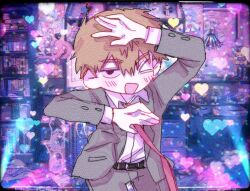 Rule 34 | 1boy, belt, blonde hair, buttoned cuffs, buttons, collared shirt, derivative work, formal, internet overdose, jacket, long sleeves, looking at viewer, male focus, mob psycho 100, necktie, needy girl overdose, one eye closed, open mouth, pants, parody, pink necktie, poster (object), reigen arataka, shelf, shirt, short hair, smile, solo, suit, uuh2co3, white shirt
