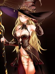 Rule 34 | 1girl, absurdres, bare shoulders, blonde hair, breasts, brown background, cleavage, closed mouth, commentary, detached sleeves, dress, earrings, halter dress, halterneck, hand up, hat, highres, holding, holding staff, jewelry, kushinaka, large hat, long dress, long hair, looking at viewer, medium breasts, navel, nijisanji, panties, solo, staff, standing, symbol-only commentary, takamiya rion, takamiya rion (4th costume), underwear, virtual youtuber, witch hat, yellow eyes, yellow panties