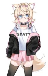 Rule 34 | 1girl, animal ear fluff, animal ears, artist name, black-framed eyewear, black jacket, black thighhighs, blonde hair, blue eyes, clenched hand, collarbone, cowboy shot, dog ears, dog girl, dog tail, hand in pocket, headphones, headphones around neck, highres, hololive, hololive english, jacket, looking at viewer, meme, mococo abyssgard, multicolored hair, pink hair, pink skirt, round eyewear, shirt, short hair, simple background, skirt, sleeves past wrists, sobbi11, solo, sticking out your gyatt for the rizzler (meme), tail, thighhighs, twitter username, two-tone hair, virtual youtuber, white background, white shirt