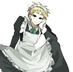 Rule 34 | 1boy, alternate costume, apron, atou haruki, black dress, black eyes, blonde hair, brooch, chinese commentary, closed mouth, collared dress, commentary request, crossdressing, dress, enmaided, flying sweatdrops, frilled apron, frills, green ribbon, head rest, highres, jewelry, long sleeves, maid, maid apron, maid headdress, male focus, male maid, necktie, ribbon, saibou shinkyoku, short hair, simple background, smile, solo, white apron, white background, xingzou de fanshu, yellow brooch