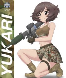 Rule 34 | 1girl, absurdres, acrux, akiyama yukari, belt, black belt, black gloves, boots, breasts, brown eyes, brown footwear, brown hair, brown socks, brown sports bra, camouflage, camouflage skirt, character name, closed mouth, combat boots, commentary, cross-laced footwear, dated, english commentary, flag, german flag, girls und panzer, gloves, grey skirt, high-explosive anti-tank (warhead), highres, holding, holding weapon, lace-up boots, looking at viewer, man-portable anti-tank systems, messy hair, midriff, military, navel, on one knee, panzerfaust 3, recoilless gun, rocket-propelled grenade, rocket (projectile), rocket launcher, short hair, skirt, small breasts, smile, socks, solo, sports bra, thigh strap, twitter username, weapon, white background