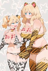 Rule 34 | 2021, 2022, 2girls, :d, animal ears, animal hands, animal print, bandeau, bell, bikini, blonde hair, blue eyes, blush, body writing, breasts, chinese zodiac, choker, cleavage, closed mouth, cow ears, cow print, ear tag, elbow gloves, embarrassed, fang, florida-chan (ryusei hashida), gloves, hair ornament, height difference, highres, huge breasts, jingle bell, large breasts, loincloth, long hair, looking at another, multiple girls, navel, neck bell, open mouth, original, paw gloves, red choker, ryusei hashida, skindentation, smile, standing, strapless, striped legwear, swimsuit, tall female, thighhighs, tiger ears, tiger print, tiger stripes, tube top, white bikini, year of the ox, year of the tiger, yellow legwear