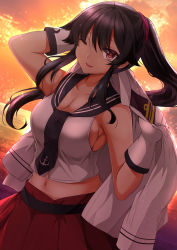 Rule 34 | 1girl, belt, black hair, blush, breasts, cleavage, gloves, highres, holding, holding clothes, holding jacket, jacket, kantai collection, large breasts, long hair, looking at viewer, midriff, navel, necktie, one eye closed, open mouth, outdoors, pleated skirt, ponytail, red eyes, red skirt, school uniform, scrunchie, serafuku, sheita, shirt, sidelocks, skirt, sleeveless, sleeveless shirt, smile, solo, sunset, thighhighs, very long hair, white gloves, yahagi (kancolle)