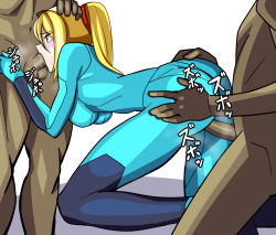Rule 34 | 1girl, 2boys, blonde hair, blue eyes, blush, breasts, clothed female nude male, doggystyle, double penetration, fellatio, hand on another&#039;s head, hanging breasts, image sample, kio (fh0421), kneeling, long hair, metroid, multiple boys, multiple penetration, multiple penises, nintendo, nude, oral, penis, pixiv sample, saliva, samus aran, sex, sex from behind, skin tight, spitroast, standing, text focus, uncensored, vaginal, zero suit