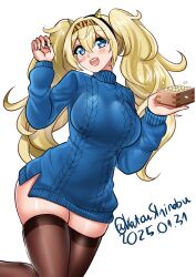 1girl absurdres alternate_costume beans black_thighhighs blonde_hair blue_dress blue_eyes blue_sweater box breasts commentary cone_horns dated dress english_commentary gambier_bay_(kancolle) highres horns kantai_collection katou_shinobu large_breasts long_hair masu one-hour_drawing_challenge open_mouth round_teeth setsubun solo sweater sweater_dress teeth thighhighs twitter_username upper_teeth_only wavy_hair