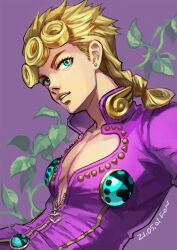 Rule 34 | 1boy, blonde hair, braid, curly hair, dated, earrings, eyelashes, fon-due (fonfon), from side, giorno giovanna, jacket, jewelry, jojo no kimyou na bouken, looking at viewer, male focus, parted lips, pectoral cleavage, pectorals, purple background, purple jacket, short hair, signature, solo, vento aureo