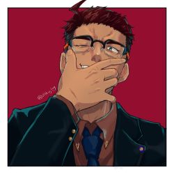 Rule 34 | 1boy, 1hkujlog, ahoge, black hair, black jacket, border, brown shirt, glasses, hand on own face, highres, jacket, live a hero, looking at viewer, male focus, necktie, one eye closed, red background, seiichiro (live a hero), shirt, short hair, simple background, smile, solo, twitter username, upper body, white border