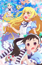 Rule 34 | 3girls, :d, absurdres, alice (alice in wonderland), alice (alice in wonderland) (cosplay), alice in wonderland, apron, aqua hair, black hair, black neckwear, blonde hair, blush, blush stickers, bow, bowtie, candy, commentary request, cosplay, cup, drawdream1025, dress, fang, floating, flower, food, frills, fruit, green eyes, hachikuji mayoi, hairband, hat, highres, holding, holding candy, holding cup, holding food, holding lollipop, lollipop, looking at viewer, monogatari (series), multiple girls, neck ribbon, ononoki yotsugi, open mouth, oshino shinobu, pantyhose, pinafore dress, red eyes, ribbon, short eyebrows, short sleeves, sidelocks, skin fang, sleeveless, sleeveless dress, smile, strawberry, striped clothes, striped legwear, striped pantyhose, tongue, tongue out, triangle mouth, twintails, white apron, white frills, yellow eyes