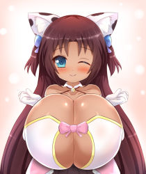 Rule 34 | 1girl, animal print, bare shoulders, bell, blue bow, blue eyes, blush, bow, breasts, breasts squeezed together, brown hair, cat girl, cleavage, cleavage cutout, clothing cutout, collar, commission, commissioner upload, cow print, dark-skinned female, dark skin, dress, elbow gloves, female focus, gloves, hair bow, hair ornament, halterneck, huge breasts, kane-neko, long hair, looking at viewer, naomi minette, one eye closed, oppai loli, original, petite, pink bow, pink dress, pov, shiny skin, shortstack, smile, solo, standing, tight clothes, two side up, upper body, white gloves, wing collar, wink