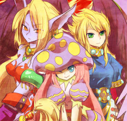 Rule 34 | angel wings, animal ears, blonde hair, breasts, breath of fire, breath of fire ii, capcom, cleavage, closed mouth, commentary request, dress, furry, furry female, gloves, green eyes, hiirou em, long hair, multiple girls, nina (breath of fire ii), no pants, pointy ears, purple wings, rinpoo chuan, side slit, spar, tail, wings