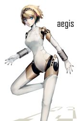 Rule 34 | 1girl, aegis (persona), blonde hair, blue eyes, character name, closed mouth, commentary request, copyright name, gloves, hairband, highres, light smile, looking at viewer, mechanical parts, persona, persona 3, rean (r ean), robot, short hair, simple background, solo, standing, standing on one leg, white background, white gloves