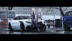 Rule 34 | 2girls, 3d, ak-12 (girls&#039; frontline), an-94 (girls&#039; frontline), aston martin dbs, bare tree, belt, bench, black footwear, blonde hair, boots, brown jacket, can, car, city, closed eyes, coat, crossed ankles, denim, dress, drink can, fur-trimmed coat, fur trim, fuyu no kaze, girls&#039; frontline, hairband, high heels, highres, holding, holding can, jacket, jeans, jewelry, letterboxed, looking at another, m4a1 (girls&#039; frontline), motor vehicle, multiple girls, necklace, on vehicle, outdoors, pants, parking lot, photo-referenced, platinum blonde hair, poster (object), pumps, red lips, reflection, road, scenery, shoes, silver hair, sitting, sitting on object, skirt, snow, soda can, sports utility vehicle, street, sweater, sweater dress, talking, thigh boots, thighhighs, trash can, tree, turtleneck, turtleneck sweater, vehicle focus, vending machine, wide shot, winter
