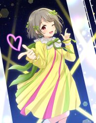 Rule 34 | 1girl, ;d, absurdres, asymmetrical hair, blush, bob cut, bow, brown hair, commentary request, dress, green bow, green ribbon, hair bow, highres, index finger raised, lens flare, long sleeves, looking at viewer, love live!, love live! nijigasaki high school idol club, medium dress, mutekikyuu believer, nakasu kasumi, neck ribbon, night, non-circular lens flare, one eye closed, open mouth, pleated dress, pointing, pointing at viewer, puffy long sleeves, puffy sleeves, red eyes, ribbon, short hair, sky, smile, solo, star (sky), starry sky, yellow dress, yutuki ame